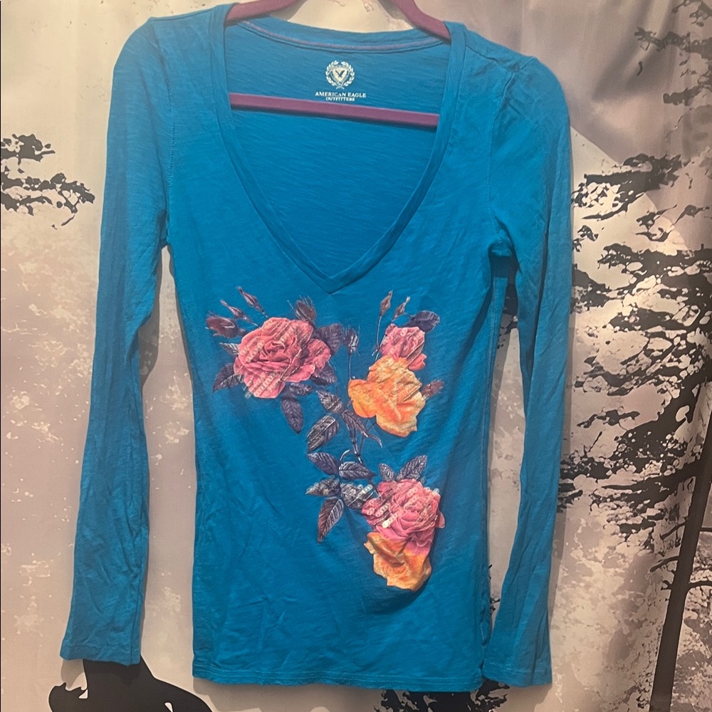 American Eagle Outfitters Deep V Neck Teal Long Sleeve with Floral Design